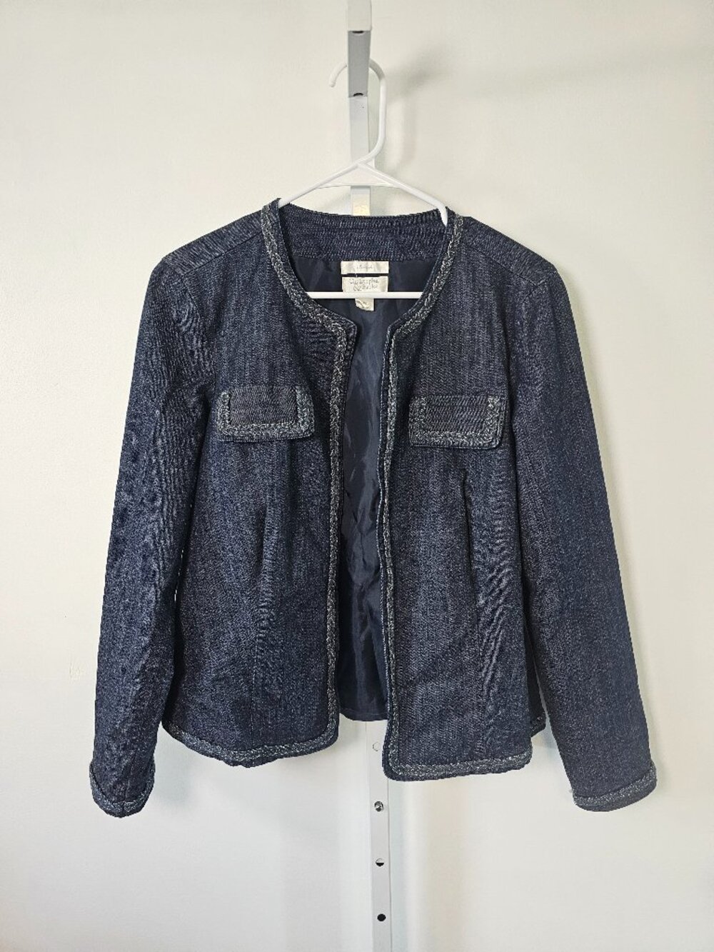 Christopher & Banks Denim Jacket Blazer Blue Metallic Open Casual M